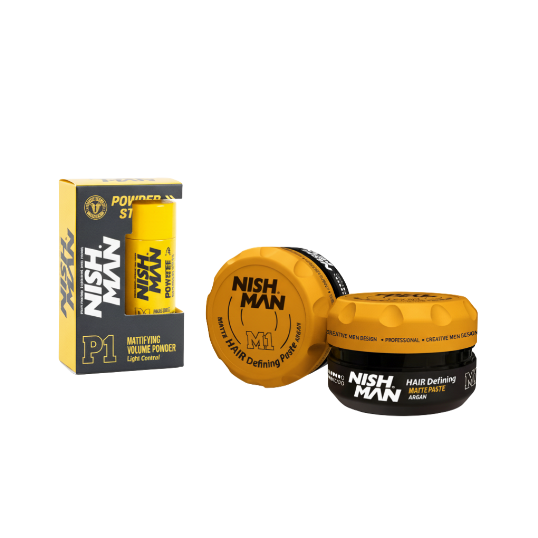 Pack Control y Volumen Nishman + ADCAN | Cera M1 + Polvo de Textura P1 | Kit Fijación y Volumen Masculino